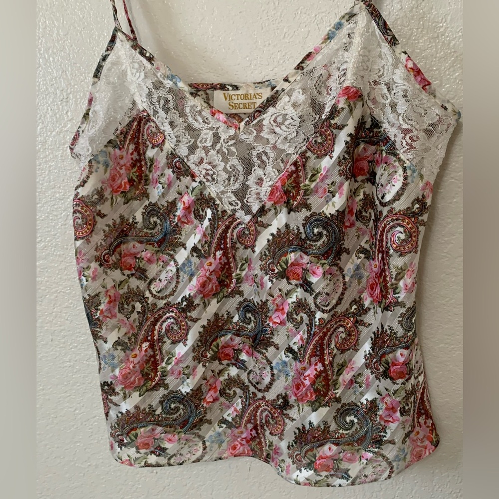 Vintage Victoria Secret gold label Med crop top tank semi sheer lace Cami Adjust